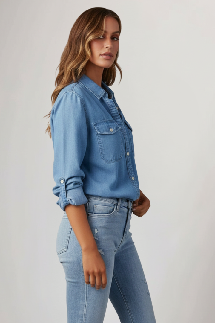 Classic blue women's long sleeve shirt, button-front, featuring a traditional collar. Ideal for versatile fashion.