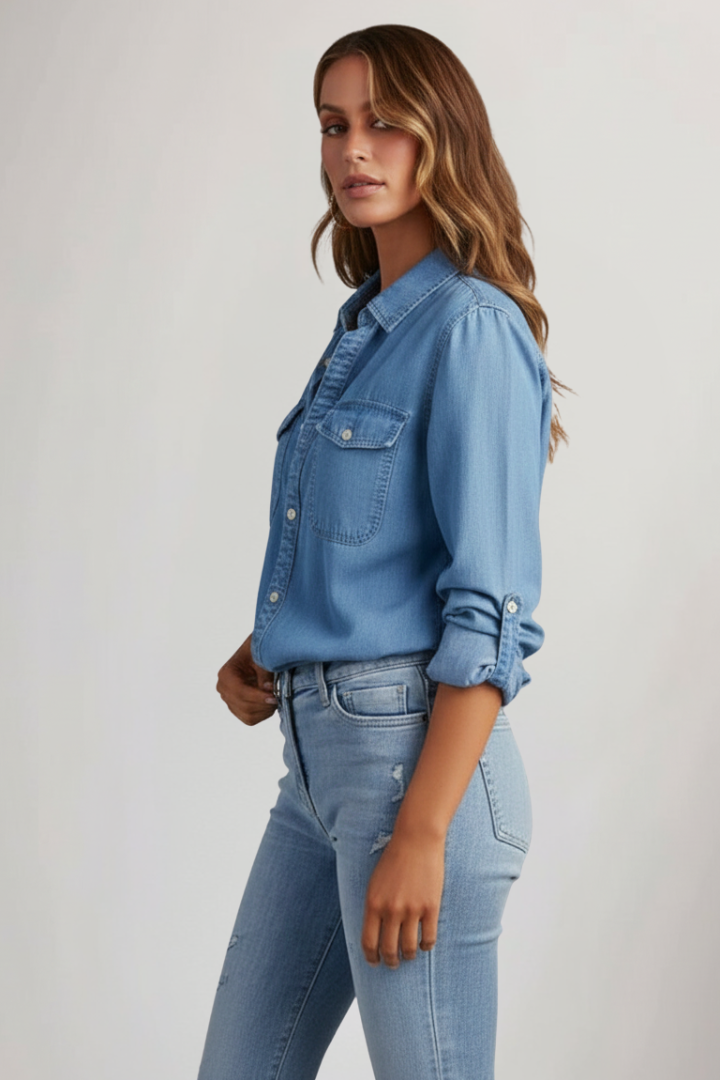 Everyday women's blue long sleeve shirt with classic collar & button closure. Great for layering or solo wear.
