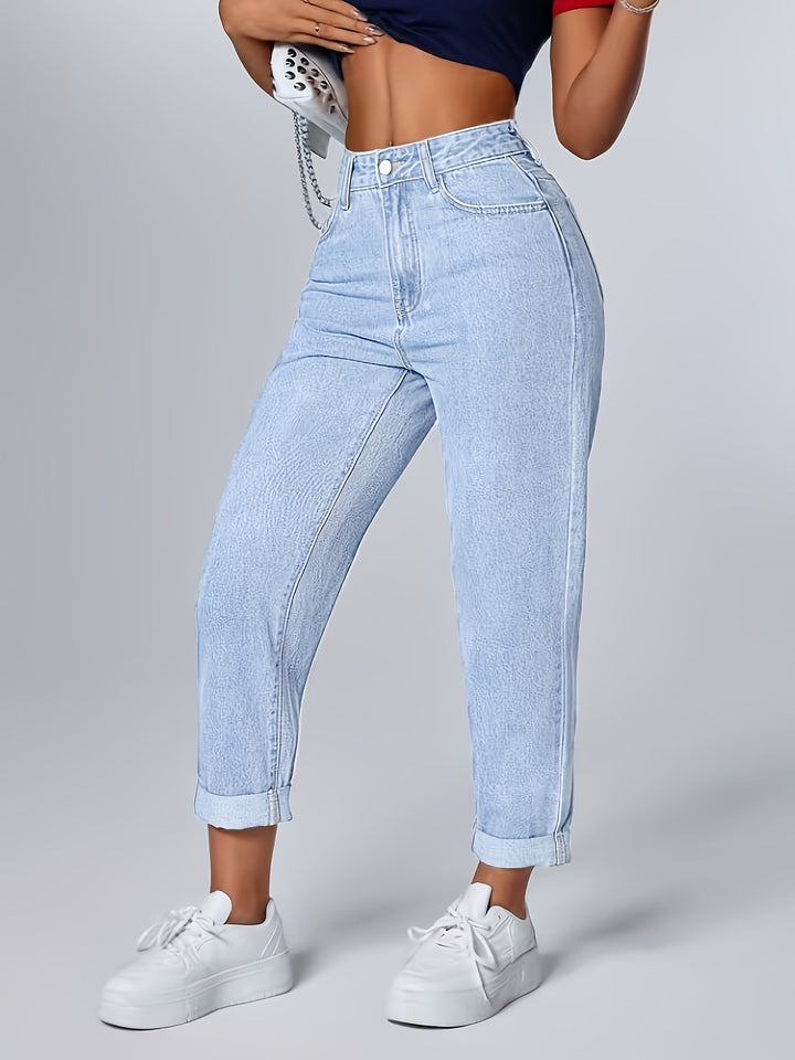 Light blue high waist mom jeans for women, relaxed fit, retro style, versatile for casual wear.