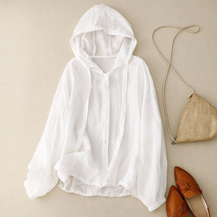 Comfortable women's lightweight and airy hooded top, ideal for relaxed casual wear. Features stylish balloon sleeves.