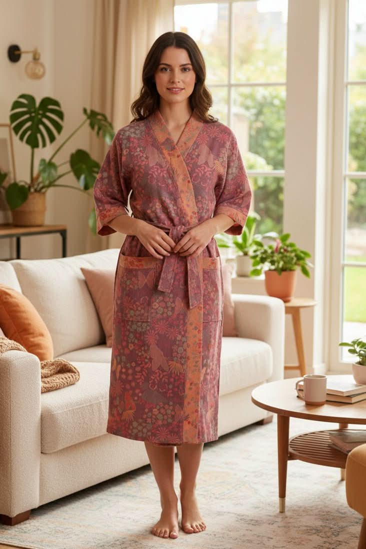 Women's lightweight bathrobe for home lounging, soft, comfortable, with tie waist.