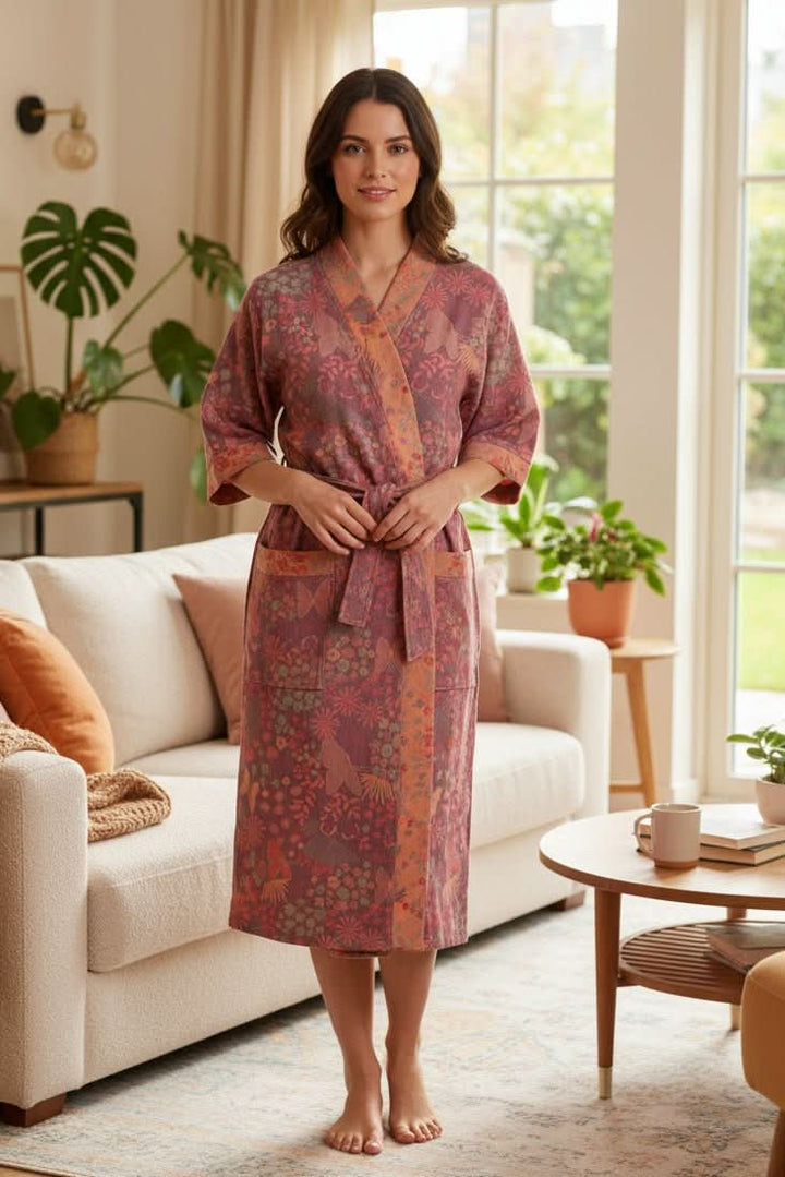 Women's lightweight bathrobe for home lounging, soft, comfortable, with tie waist.