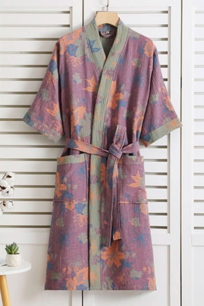 Colorful women's lightweight bathrobe featuring a stylish retro pattern and practical tie waist.