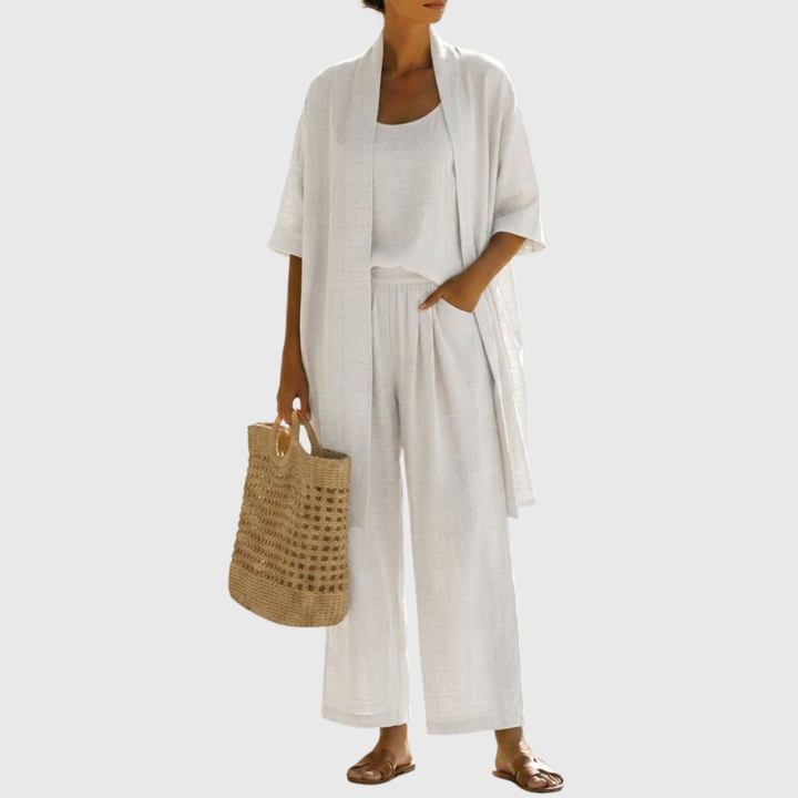 Women's lightweight, breathable 3-piece set for summer. Airy top, pants, & cardigan for comfort.