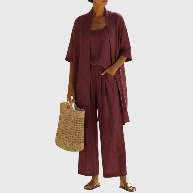 Women's lightweight breathable three-piece set. Summer casual elegance, perfect matching lounge & vacation wear.