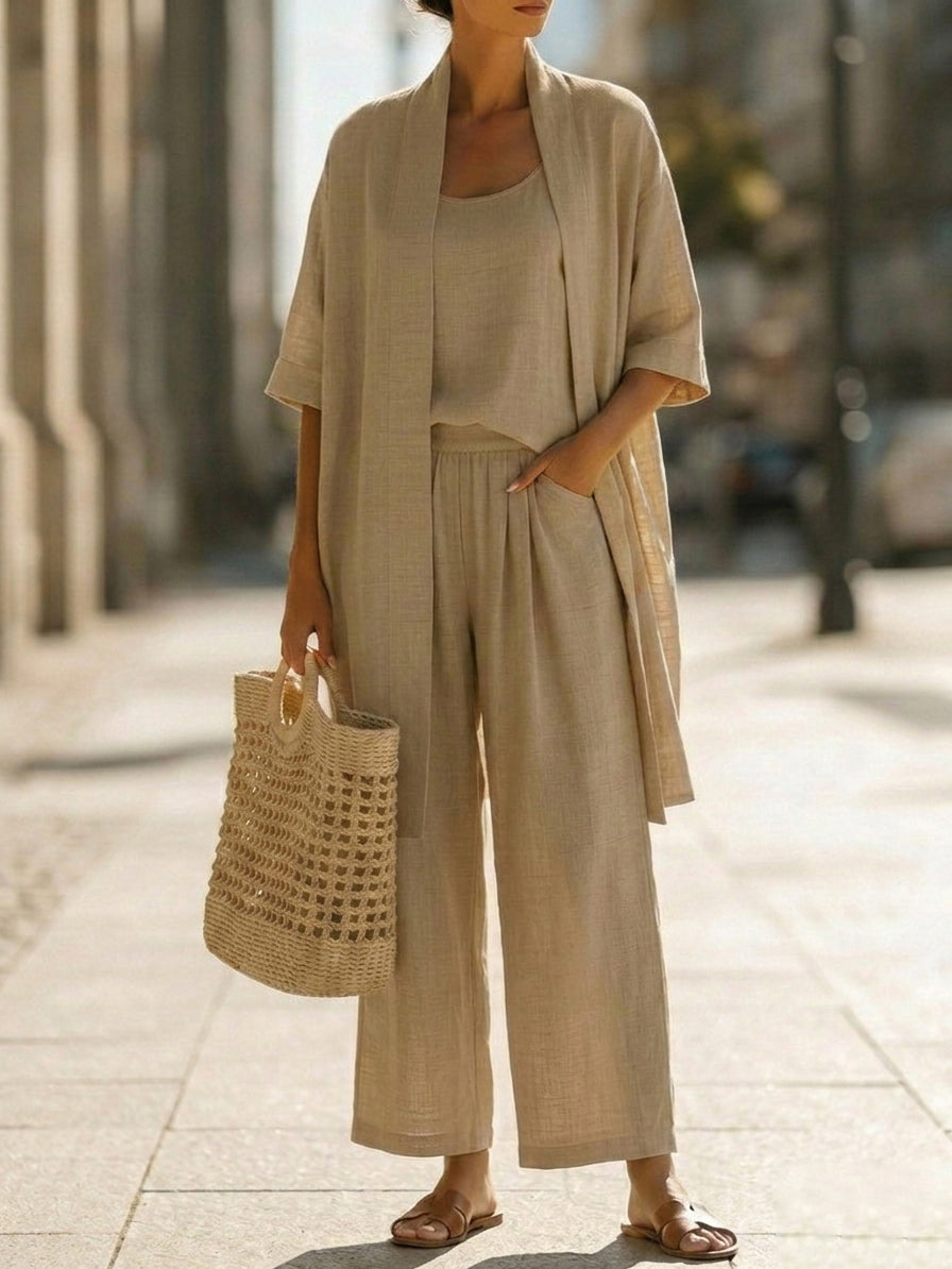 Stylish women's matching 3-piece set. Lightweight, breathable fabric. Perfect for summer beach or elegant resort wear.
