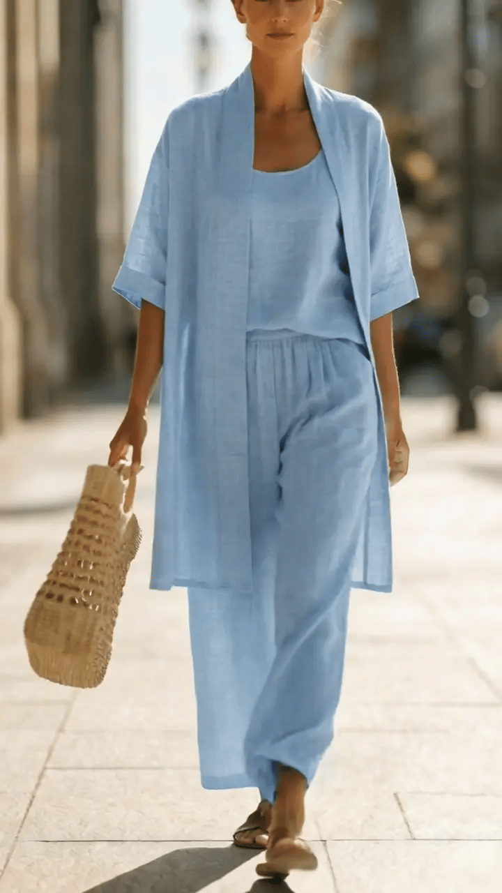 Comfortable women's lounge wear 3-piece set. Lightweight, breathable matching top, pants, & cardigan.