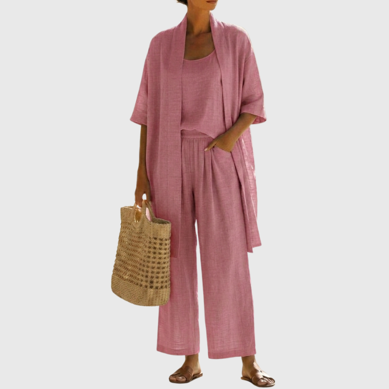 Women's three-piece set with airy feel. Lightweight, breathable, ideal for summer casual or elegant wear.