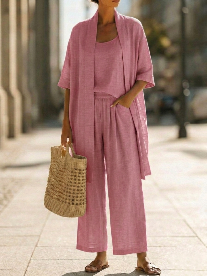 Women's 3-piece set: lightweight, breathable top, wide-leg pants, & open cardigan. Summer casual wear.