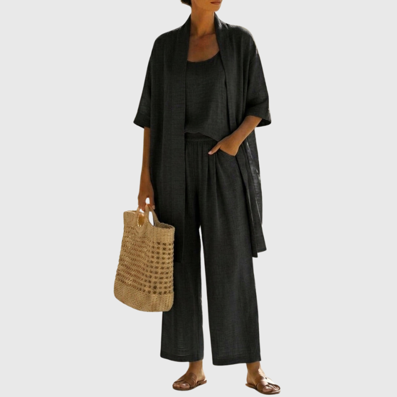 Matching women's three-piece set, lightweight and breathable. Perfect for summer, vacation, or elegant lounge.