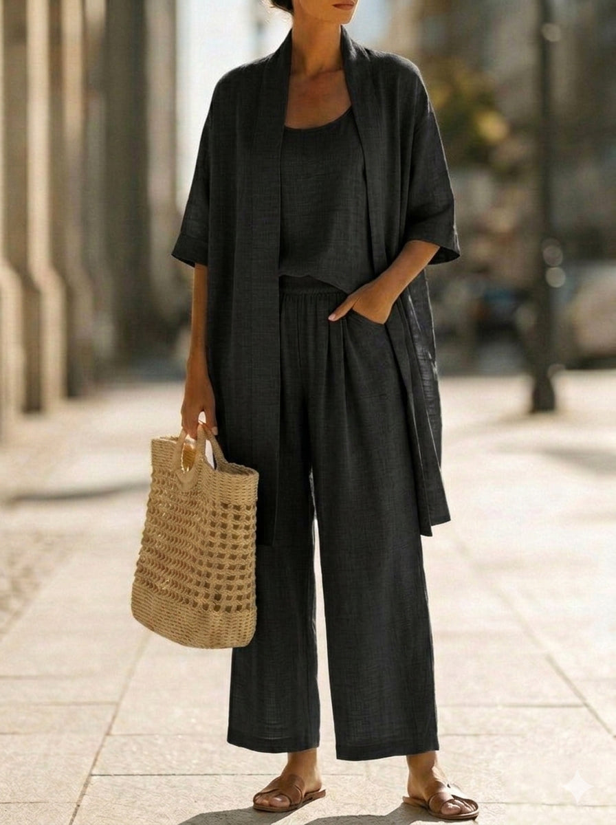 Airy feel women's three-piece set. Lightweight & breathable, ideal for summer casual or elegant occasions.