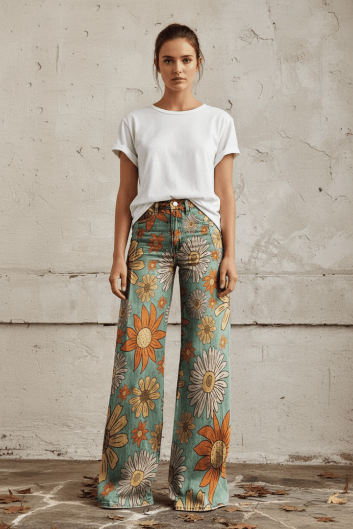 Floral print women's relaxed fit jeans, breathable and lightweight for casual everyday style.