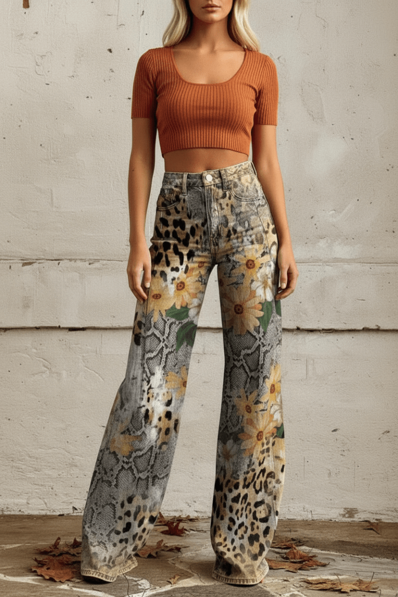 Patterned relaxed fit women's jeans, breathable and lightweight for comfortable casual style.