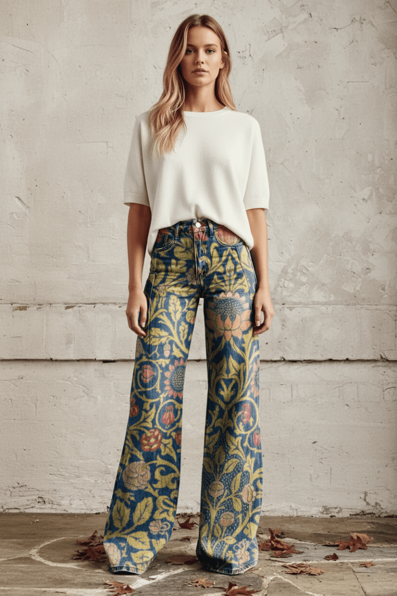 Casual women's baggy jeans, breathable, lightweight, and comfortable with a floral print.
