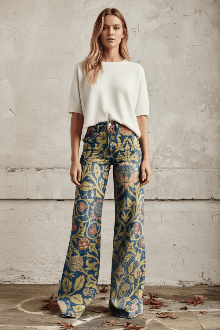 Casual women's baggy jeans, breathable, lightweight, and comfortable with a floral print.