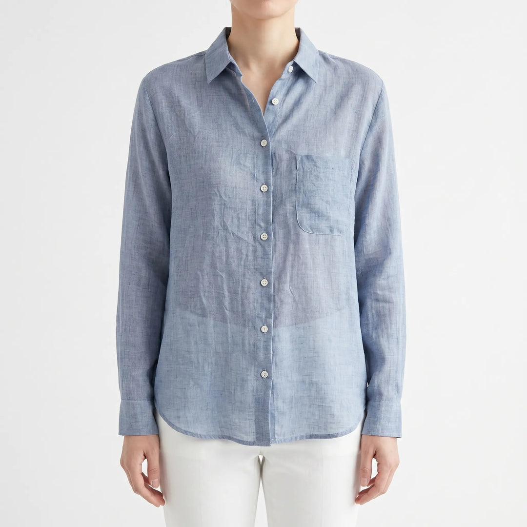 Breathable, lightweight women's button-up shirt. Relaxed long sleeve design for comfortable spring & summer wear.