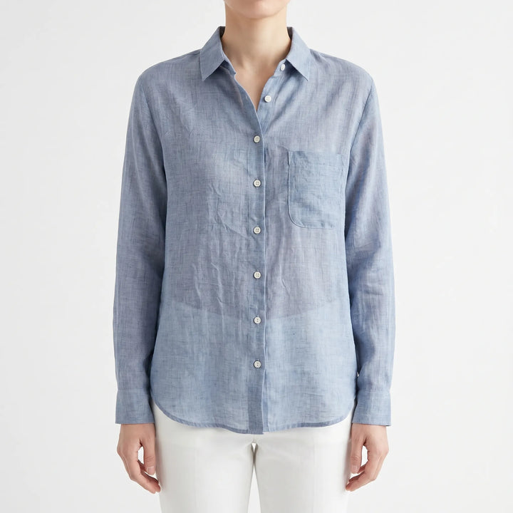 Breathable, lightweight women's button-up shirt. Relaxed long sleeve design for comfortable spring & summer wear.