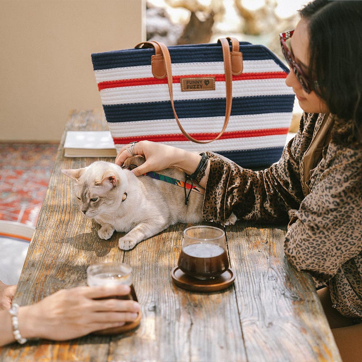 Stylish woman walking her small dog in a lightweight cotton woven pet carrier beach bag, summer fashion.