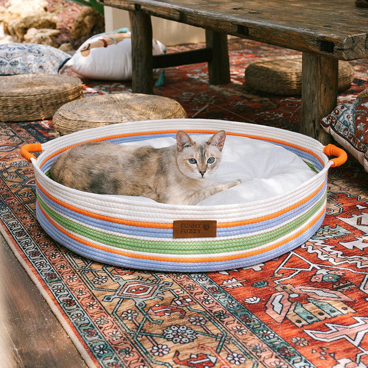 Lightweight cotton woven pet carrier beach bag displayed in a sunny outdoor setting, summer ready.
