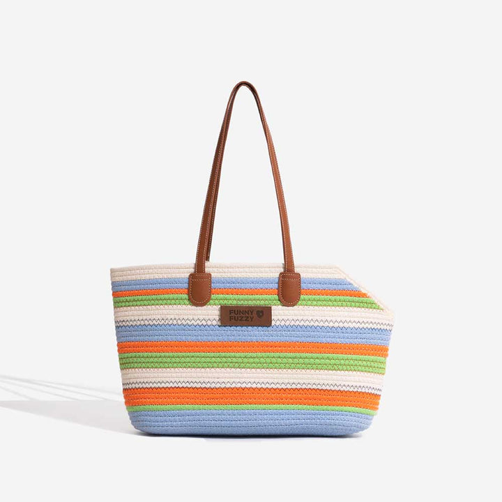 Pet's eye view from inside the lightweight cotton woven pet carrier beach bag, comfortable and secure.