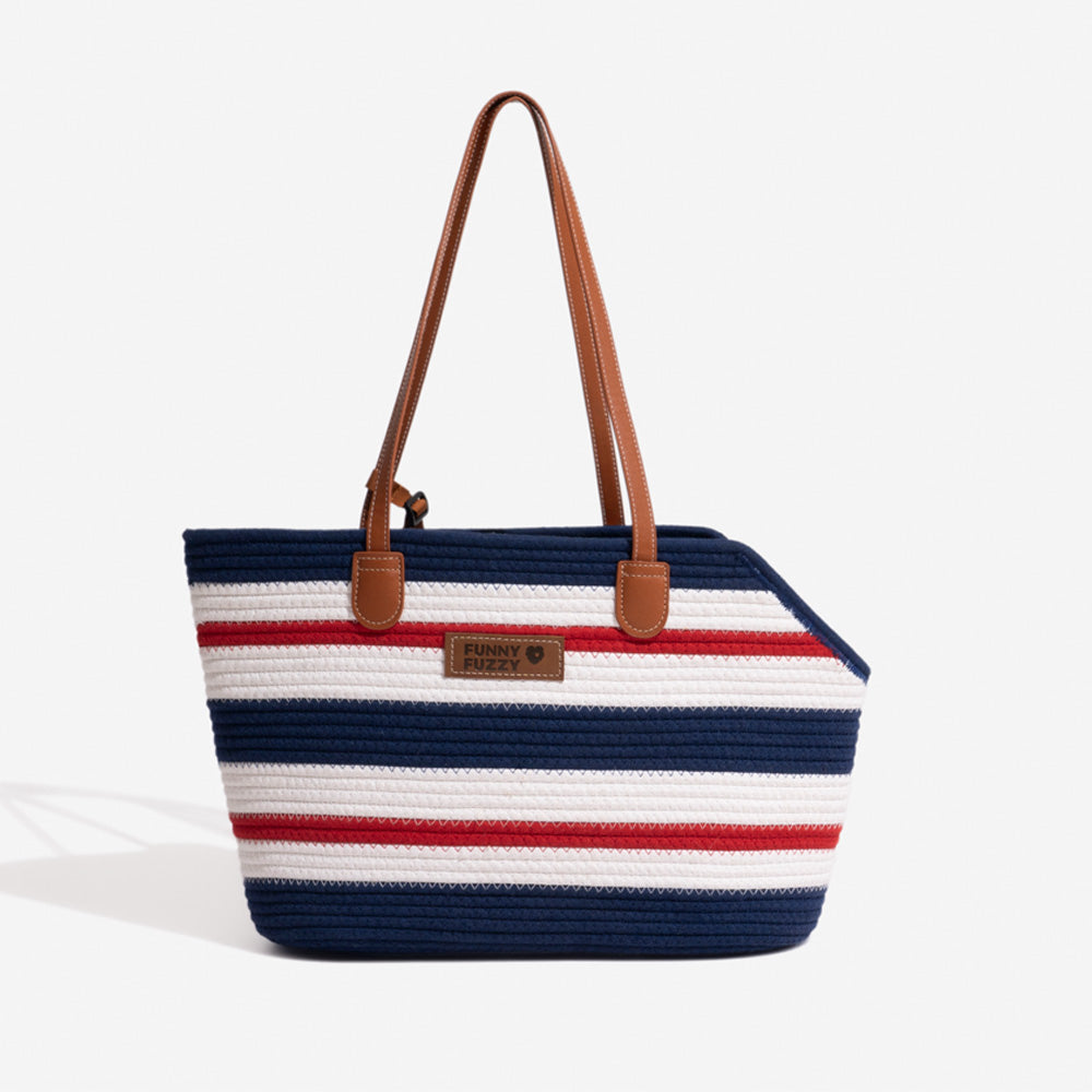 Lightweight cotton woven pet carrier beach bag, showcasing its capacity for pet essentials.