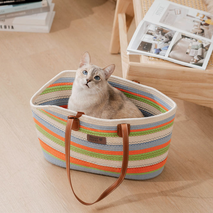 Front view of an empty lightweight cotton woven pet carrier beach bag, eco-friendly and stylish for pets.