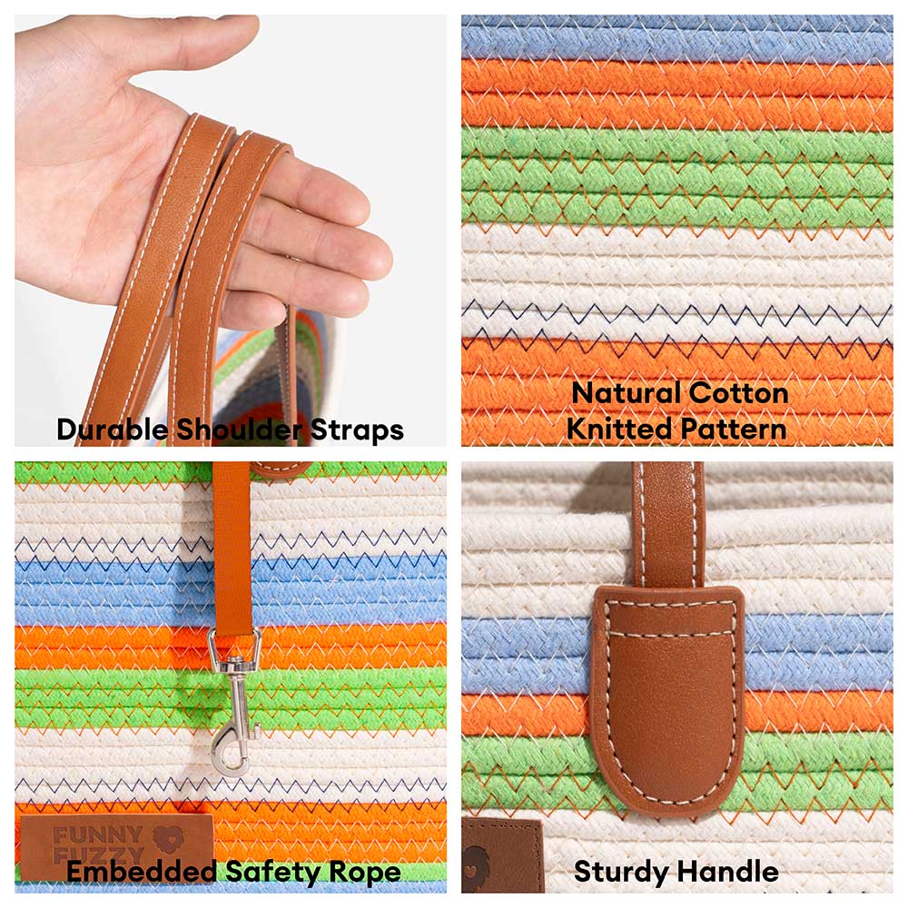 Side view of the women's lightweight cotton woven pet carrier beach bag, suitable for cat or small dog.