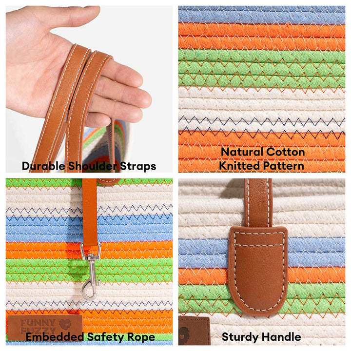 Side view of the women's lightweight cotton woven pet carrier beach bag, suitable for cat or small dog.