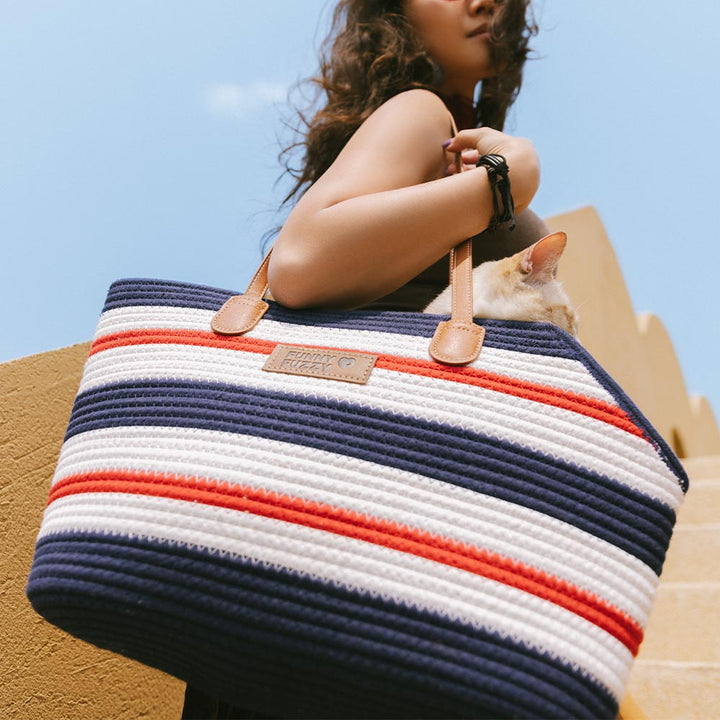 Close-up of the woven detail of the cotton pet carrier beach bag, highlighting its eco-friendly design.