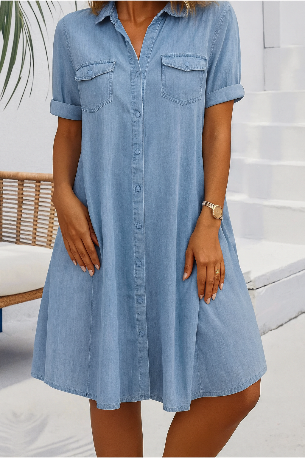 Women's lightweight denim-look dress with button-down front for casual everyday comfort & style.