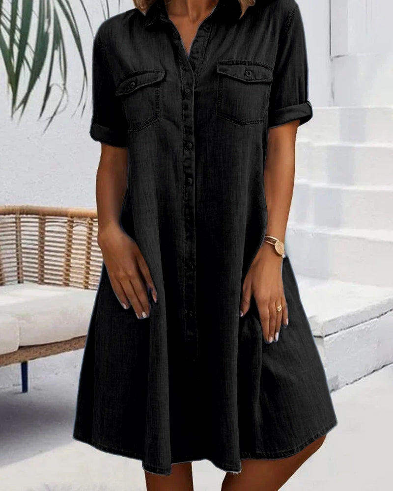 Effortless women's denim-look summer dress, lightweight & versatile for casual or fall fashion.