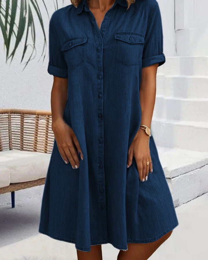 Comfortable button-down denim-look dress for women, ideal for relaxed summer or fall everyday wear.