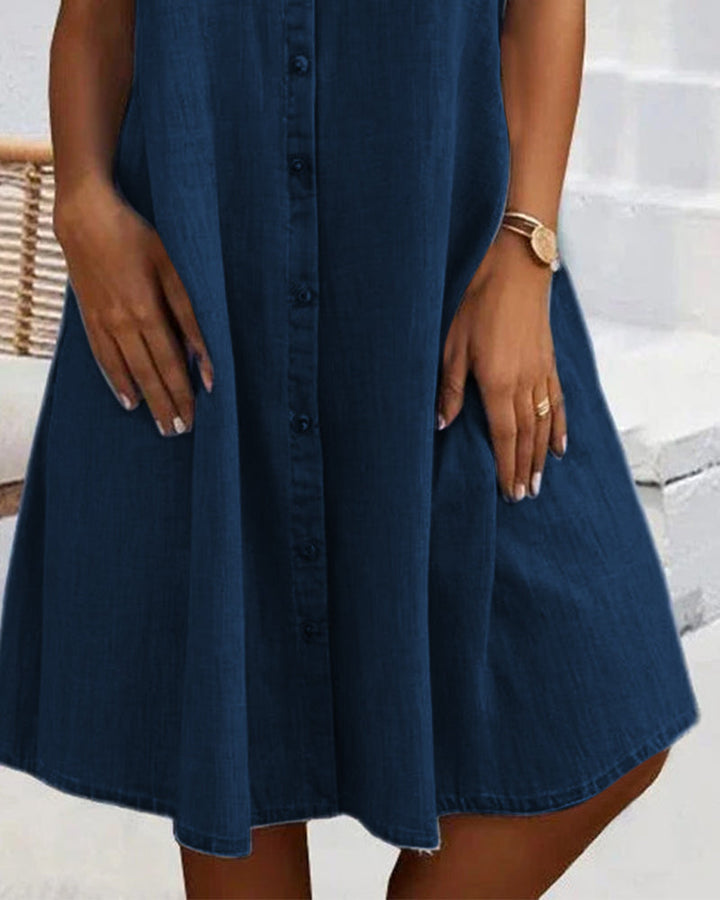 Stylish women's denim-look summer dress, a comfortable, lightweight, & versatile button-down.