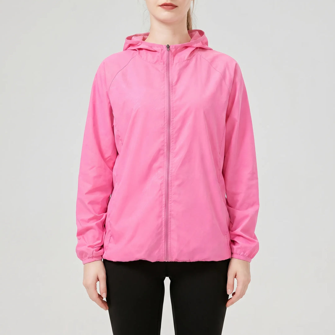 Athletic women's lightweight hooded jacket. Comfortable activewear, ideal for workouts, running, & outdoor sports.
