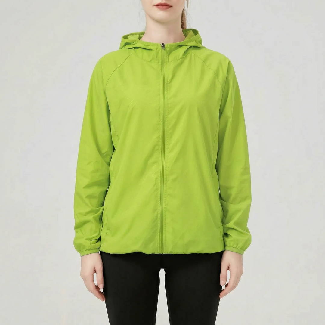 Outdoor women's hooded jacket. Lightweight, water-repellent windbreaker, great for hiking & active adventures.