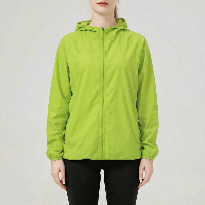 Outdoor women's hooded jacket. Lightweight, water-repellent windbreaker, great for hiking & active adventures.