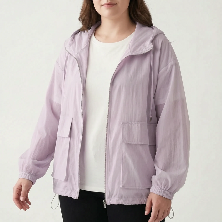 Women's lightweight hooded sports jacket, a full-zip windbreaker for outdoor adventures.