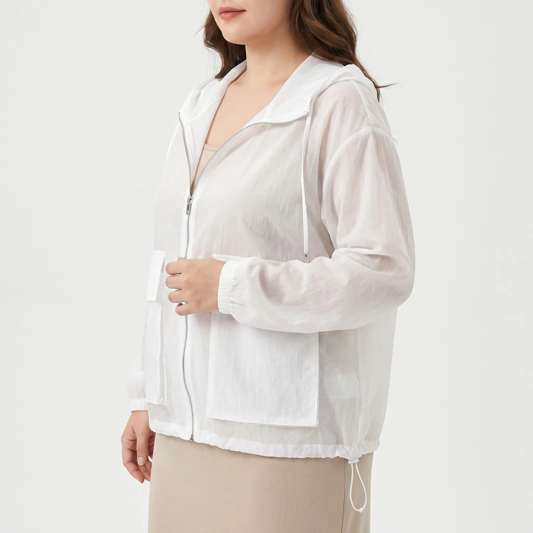 Female full-zip windbreaker with hood, ideal for outdoor workouts & athletic wear.