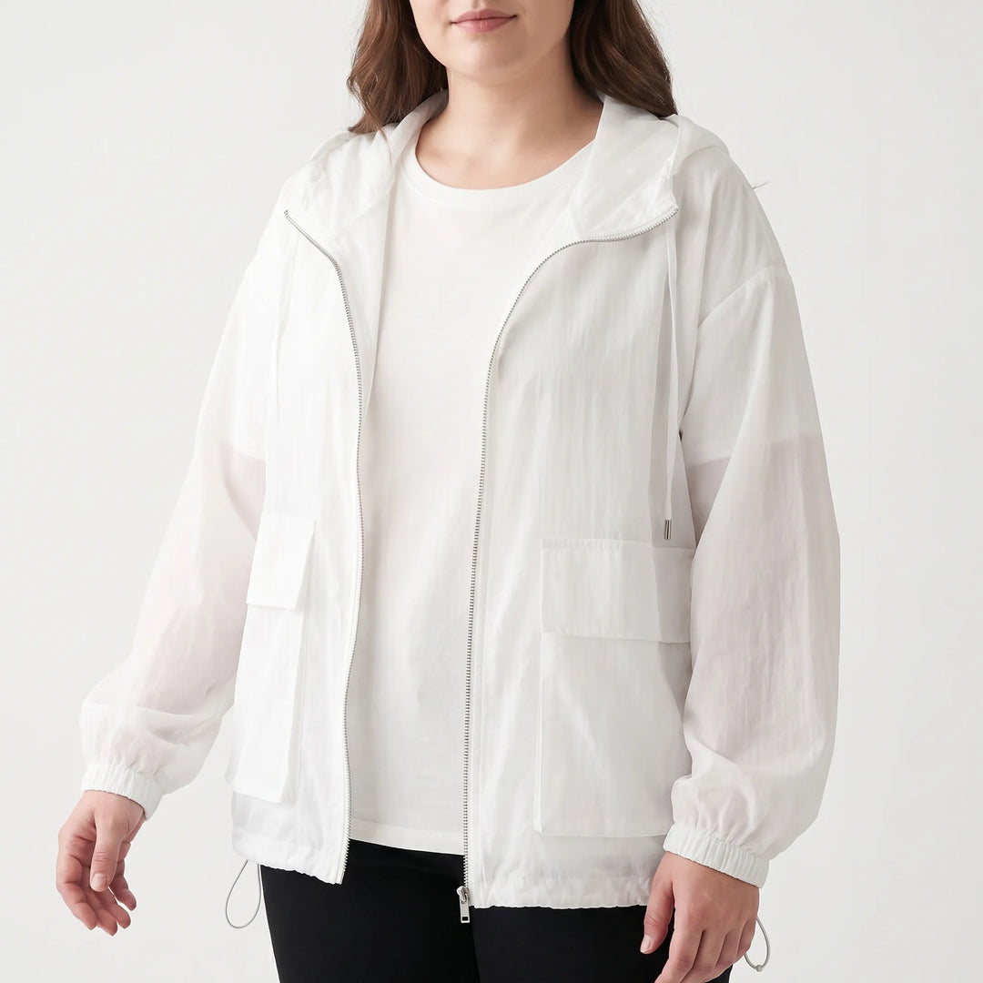 Lightweight women's activewear jacket with hood & full zip for sports & outdoors.