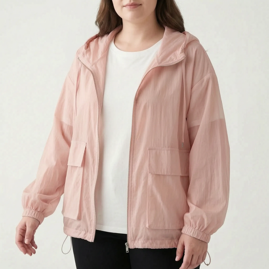 Hooded lightweight women's running jacket, full zip, for active outdoor sports.