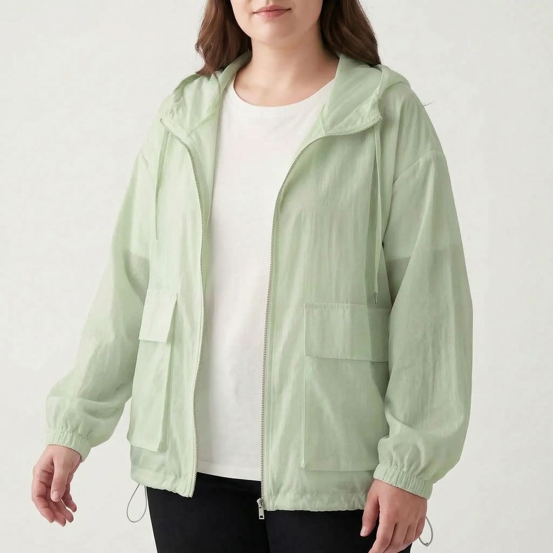 Female sports jacket, lightweight with hood, perfect for gym, running, or casual wear.