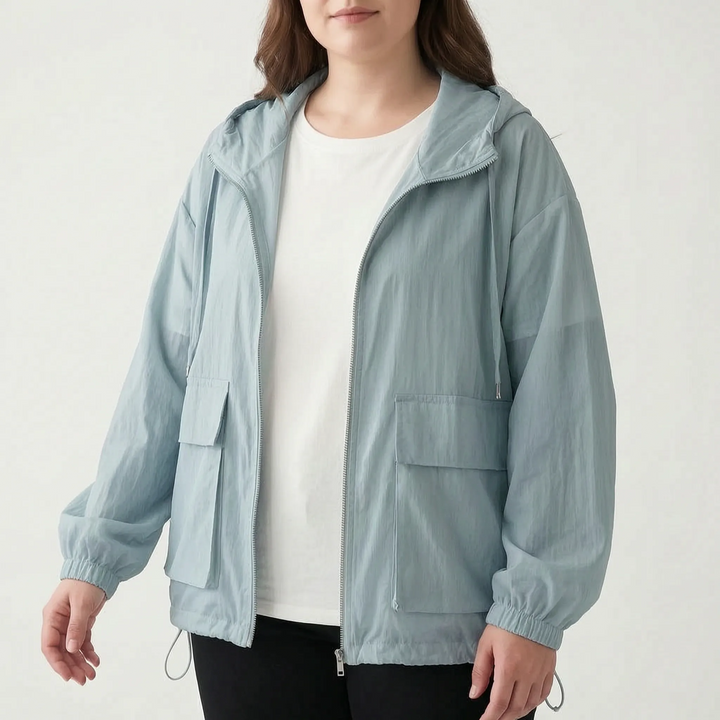 Women's hooded full-zip windbreaker, lightweight & breathable for active outdoor activities.