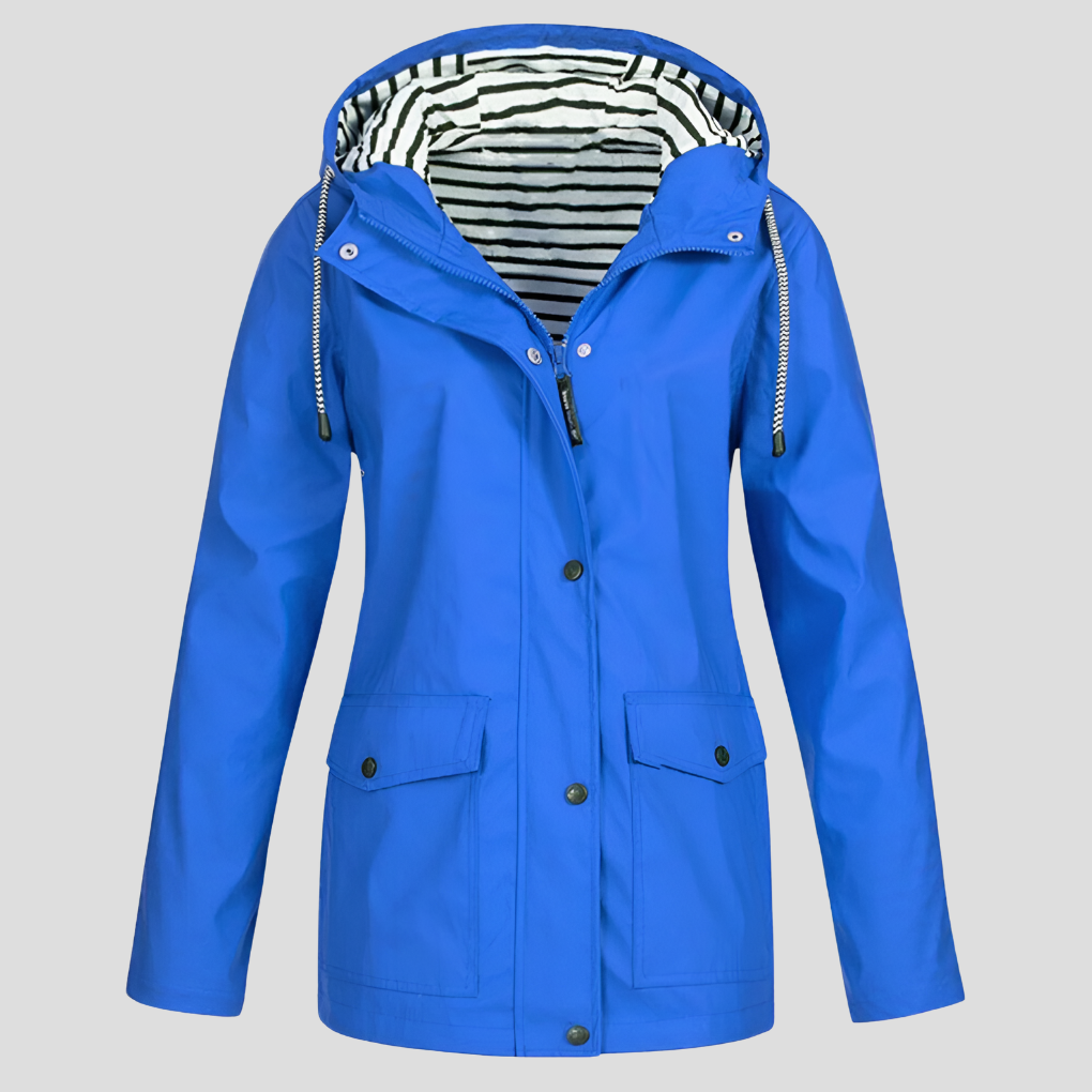 Durable women's waterproof windbreaker jacket with hood. Lightweight design for travel and everyday rain.