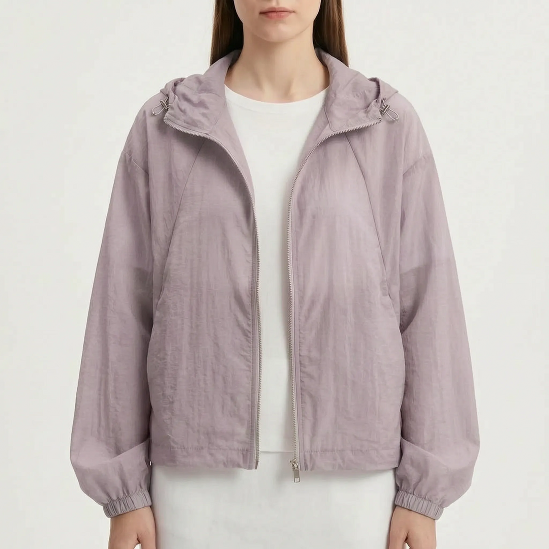Chic women's lightweight hooded windbreaker jacket with zipper, a stylish option for spring & summer.