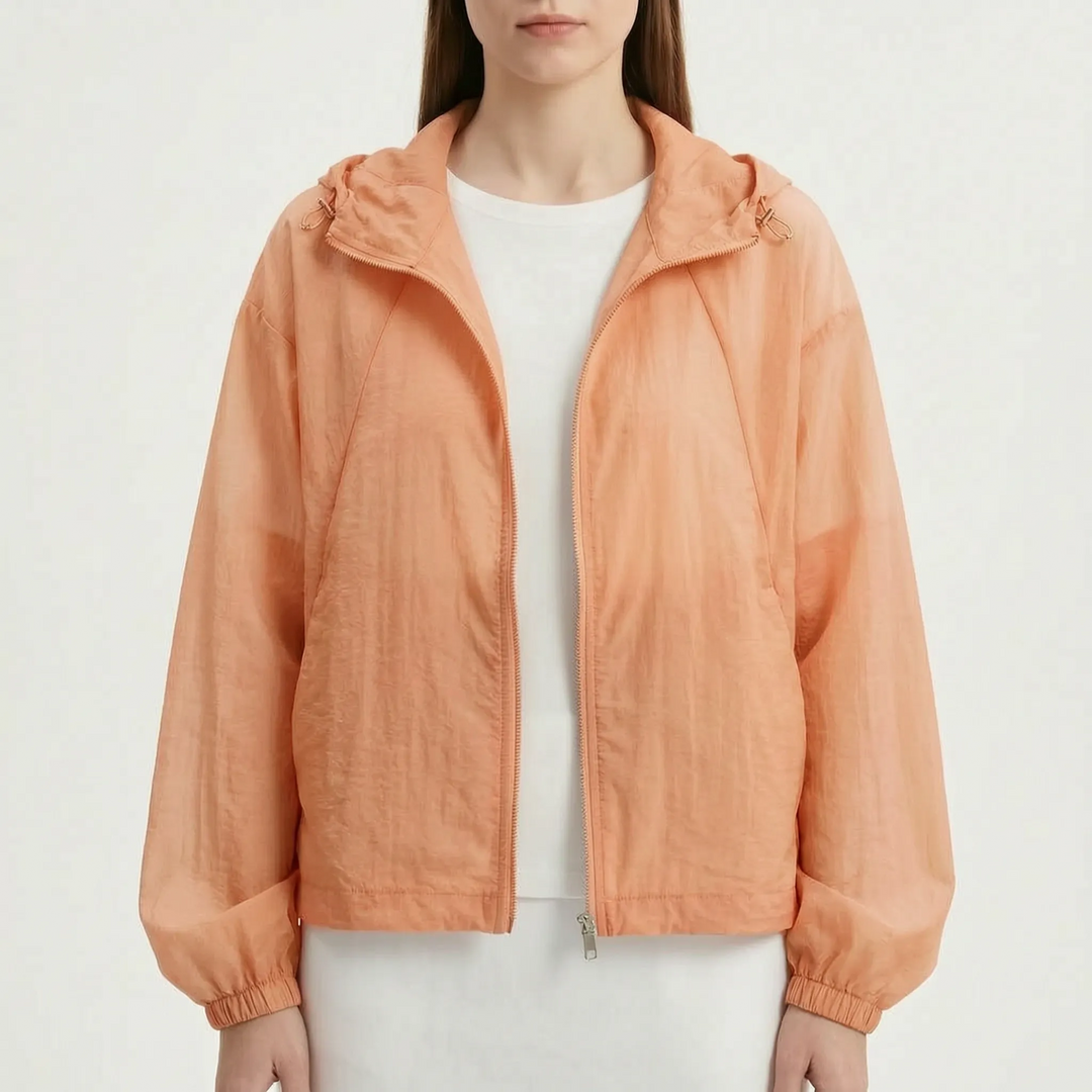 Women's lightweight hooded windbreaker jacket, offering stylish protection from spring & summer winds.