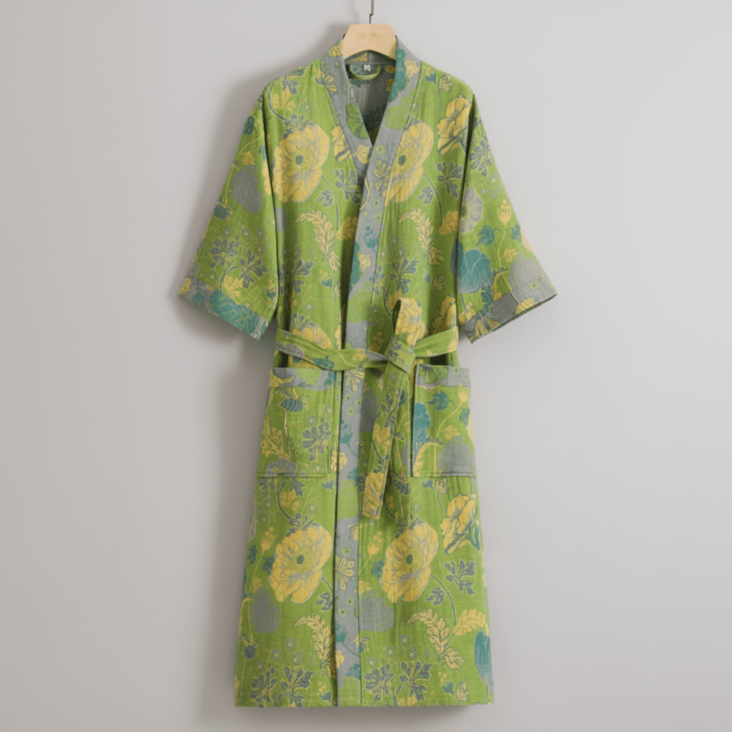 Woman in a relaxed fit, lightweight kimono robe, perfect for comfortable loungewear.