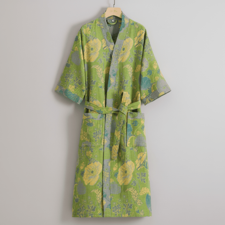 Woman in a relaxed fit, lightweight kimono robe, perfect for comfortable loungewear.