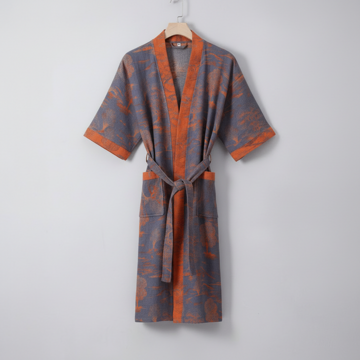 Luxurious women's lightweight spa robe with ginkgo design, perfect for ultimate relaxation.