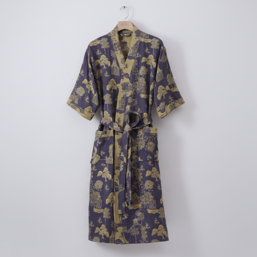 Detailed view of the ginkgo design on a soft, lightweight women's kimono robe.