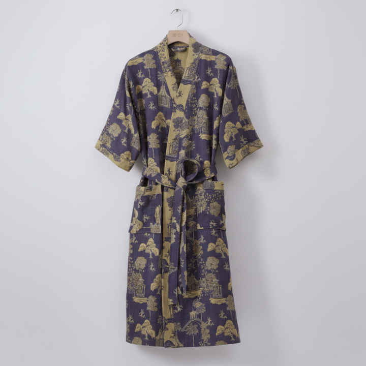Detailed view of the ginkgo design on a soft, lightweight women's kimono robe.
